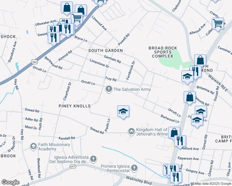 map of restaurants, bars, coffee shops, grocery stores, and more near 5301 Orcutt Ln in Richmond