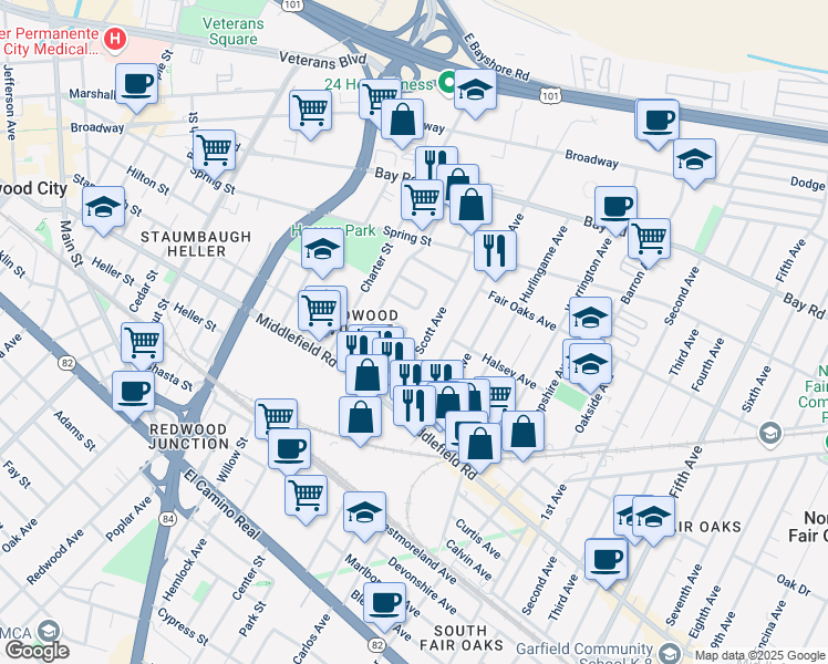 map of restaurants, bars, coffee shops, grocery stores, and more near 26 Meadow Lane in Redwood City