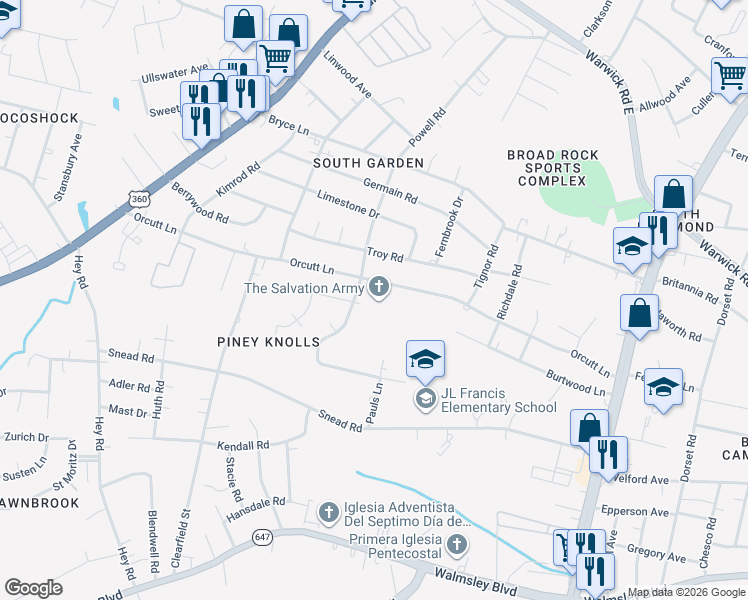 map of restaurants, bars, coffee shops, grocery stores, and more near 5327 Orcutt Lane in Richmond