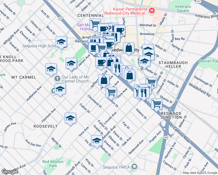 map of restaurants, bars, coffee shops, grocery stores, and more near 220 Madison Avenue in Redwood City