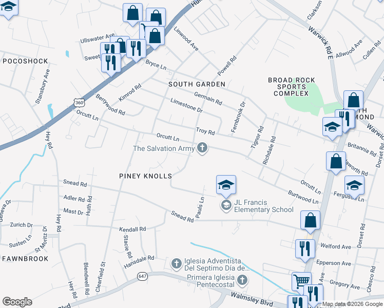 map of restaurants, bars, coffee shops, grocery stores, and more near 5327 Orcutt Lane in Richmond