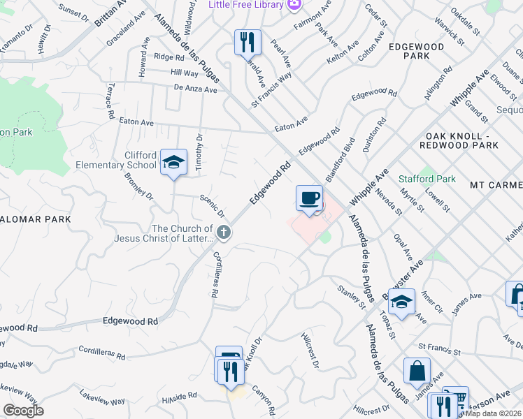 map of restaurants, bars, coffee shops, grocery stores, and more near 12 Don Court in Redwood City