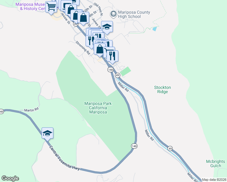 map of restaurants, bars, coffee shops, grocery stores, and more near 4958 Highway 140 in Mariposa