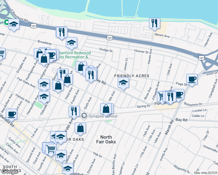 map of restaurants, bars, coffee shops, grocery stores, and more near 844 Eighth Avenue in Redwood City
