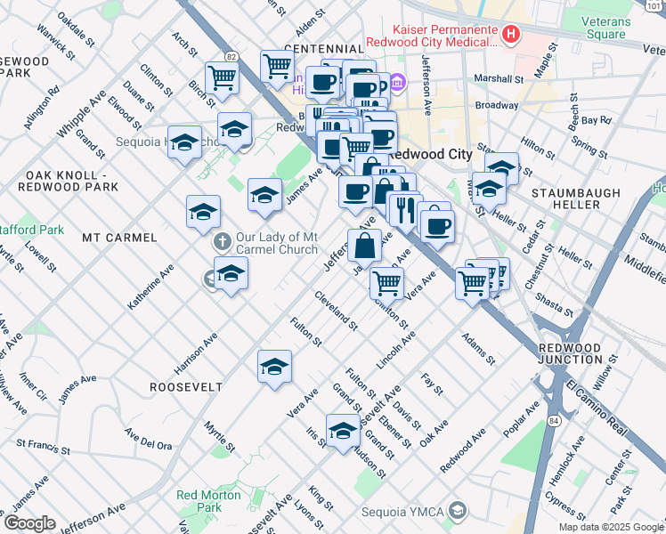 map of restaurants, bars, coffee shops, grocery stores, and more near 1409 Jefferson Avenue in Redwood City