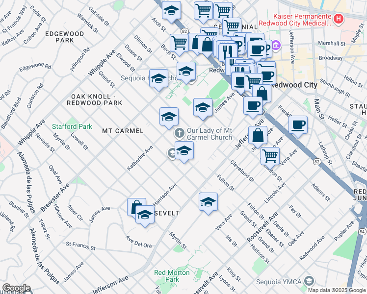 map of restaurants, bars, coffee shops, grocery stores, and more near 621 James Avenue in Redwood City