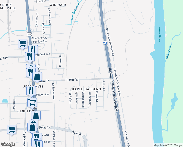 map of restaurants, bars, coffee shops, grocery stores, and more near 2001 Ruffin Road in Richmond