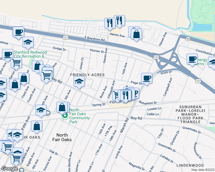 map of restaurants, bars, coffee shops, grocery stores, and more near 974 Rose Avenue in Redwood City