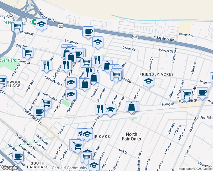 map of restaurants, bars, coffee shops, grocery stores, and more near 3175 Spring Street in Redwood City