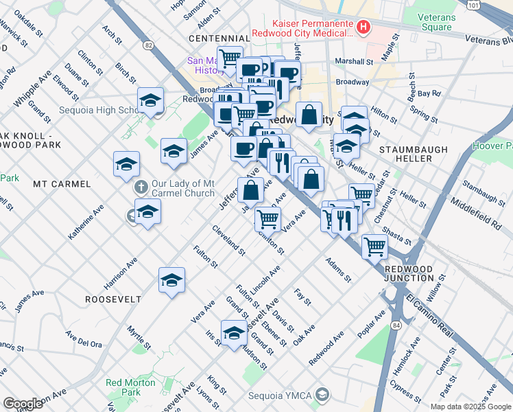 map of restaurants, bars, coffee shops, grocery stores, and more near 220 Madison Avenue in Redwood City