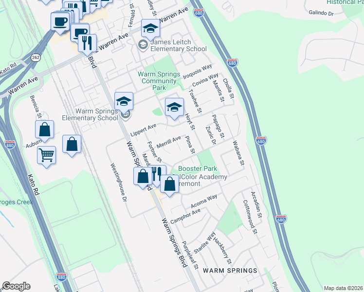 map of restaurants, bars, coffee shops, grocery stores, and more near 47643 Gridley Court in Fremont