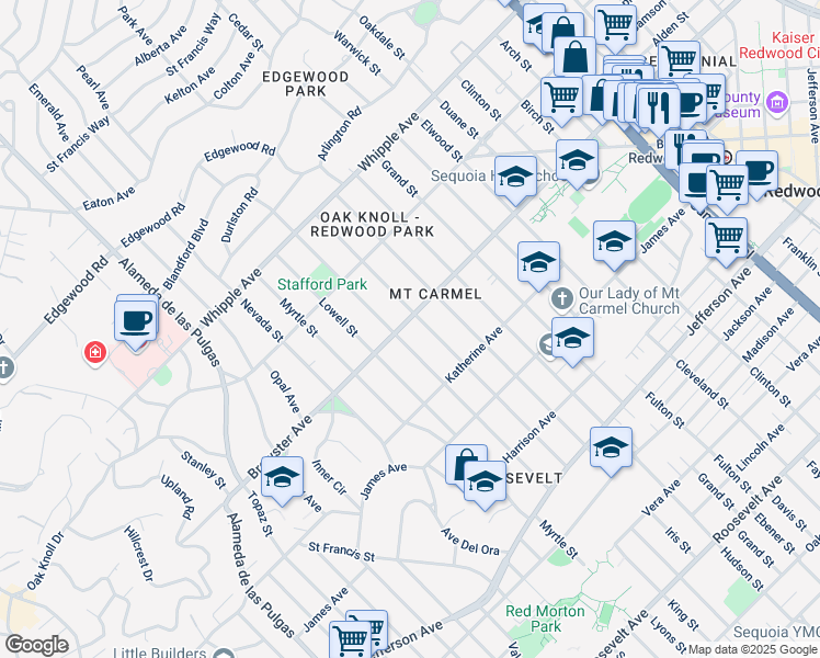 map of restaurants, bars, coffee shops, grocery stores, and more near 2027 Brewster Avenue in Redwood City