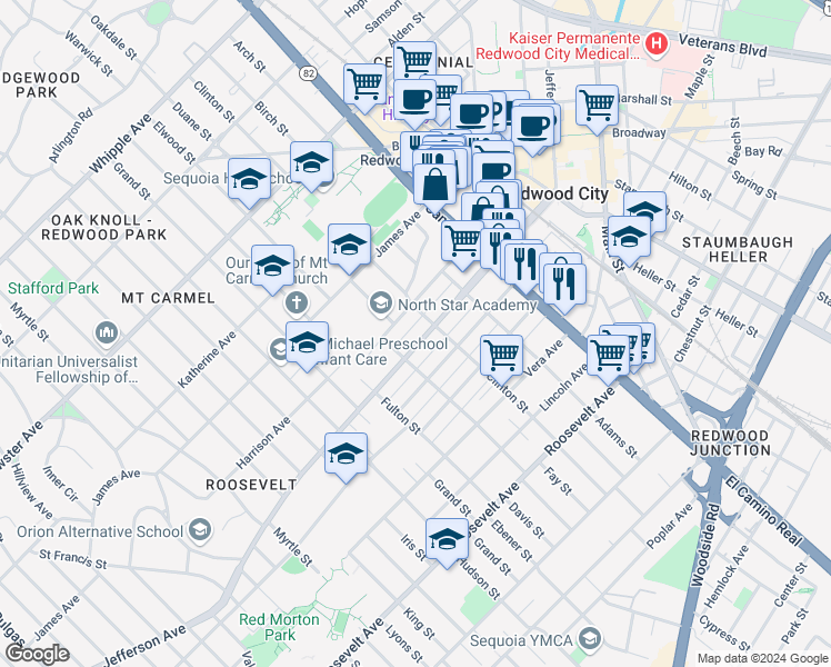 map of restaurants, bars, coffee shops, grocery stores, and more near 1430 Jefferson Avenue in Redwood City