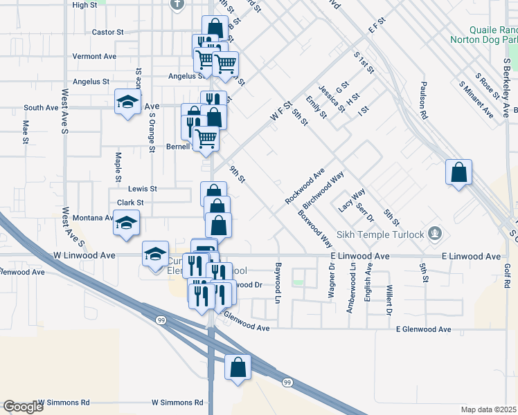map of restaurants, bars, coffee shops, grocery stores, and more near 924 9th Street in Turlock