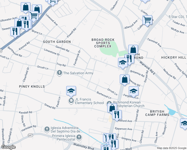 map of restaurants, bars, coffee shops, grocery stores, and more near 2513 Richdale Road in Richmond