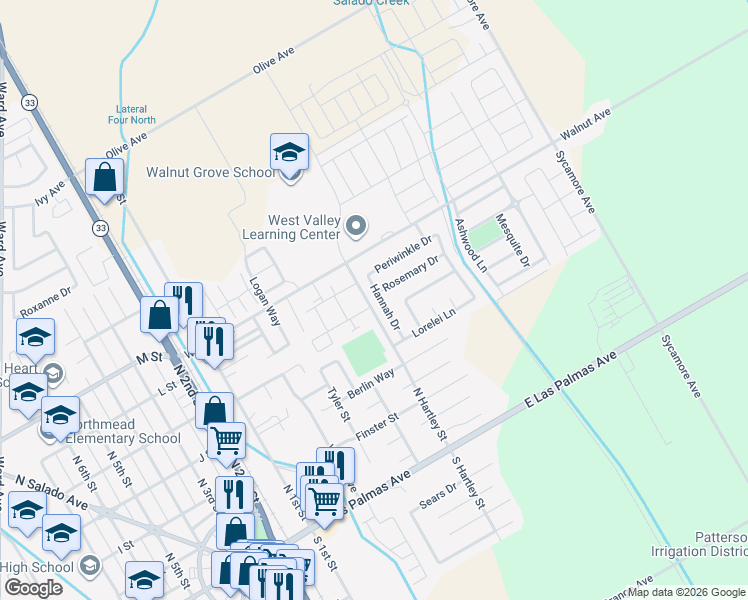 map of restaurants, bars, coffee shops, grocery stores, and more near 537 Hannah Drive in Patterson