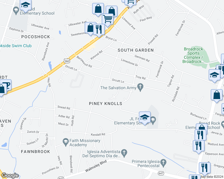 map of restaurants, bars, coffee shops, grocery stores, and more near 5513 Burtwood Lane in Richmond