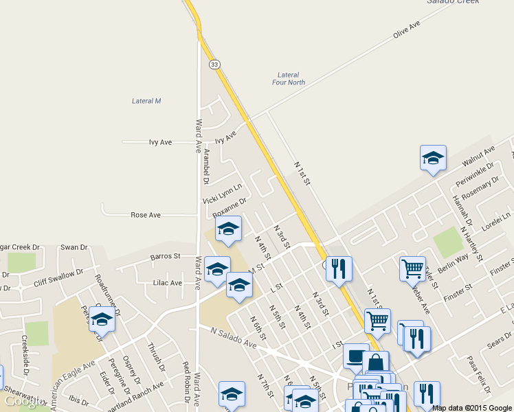 map of restaurants, bars, coffee shops, grocery stores, and more near 730 North 3rd Street in Patterson