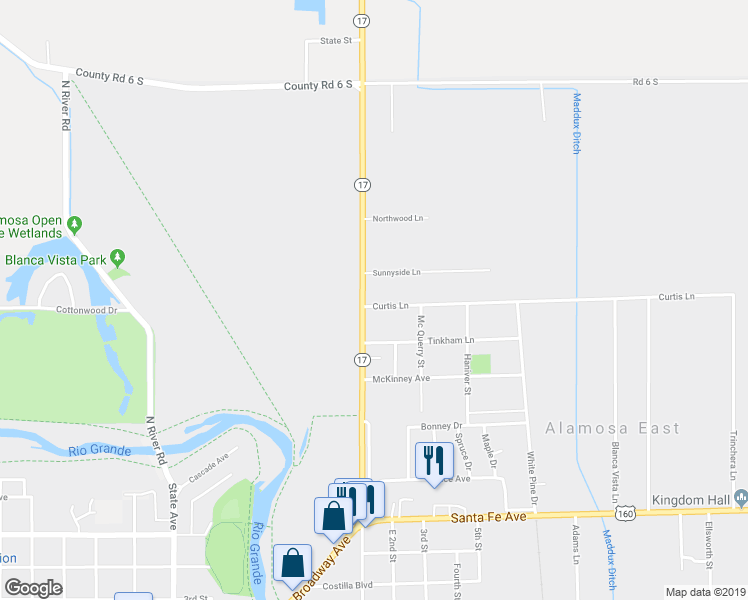 map of restaurants, bars, coffee shops, grocery stores, and more near 103 Curtis Lane in Alamosa