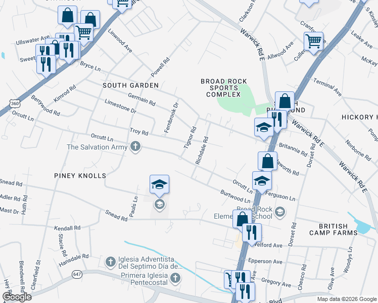 map of restaurants, bars, coffee shops, grocery stores, and more near 2443 Tignor Road in Richmond