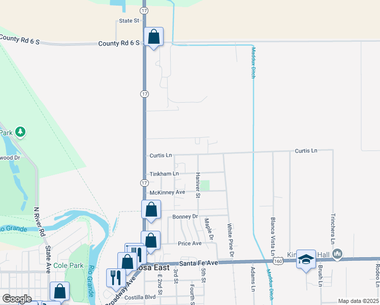 map of restaurants, bars, coffee shops, grocery stores, and more near 251 Curtis Lane in Alamosa
