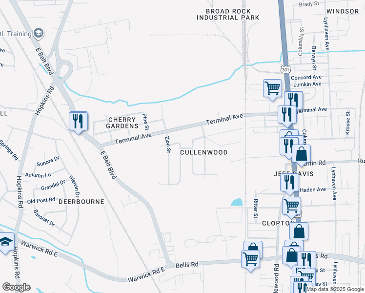 map of restaurants, bars, coffee shops, grocery stores, and more near 3107 Cullenwood Drive in Richmond