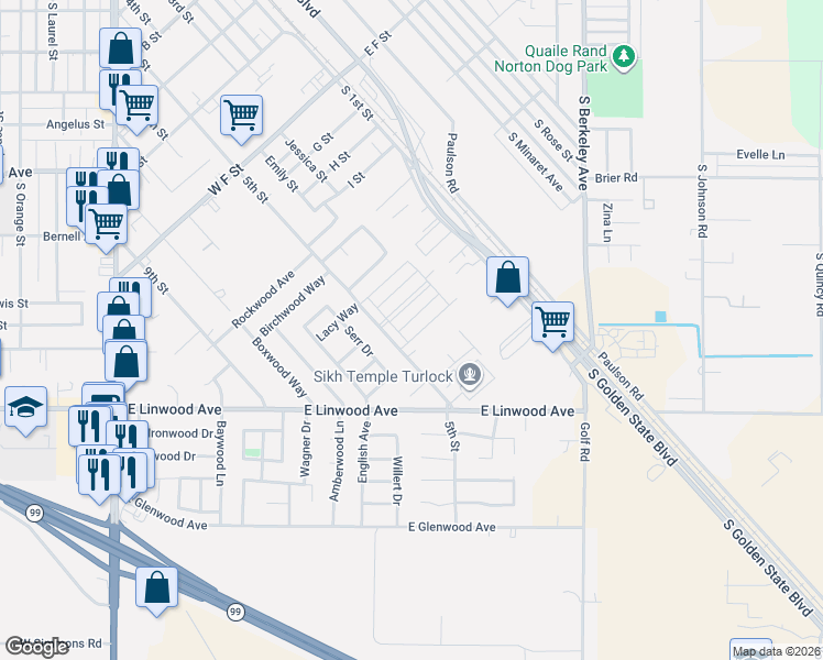 map of restaurants, bars, coffee shops, grocery stores, and more near 1309 5th Street in Turlock