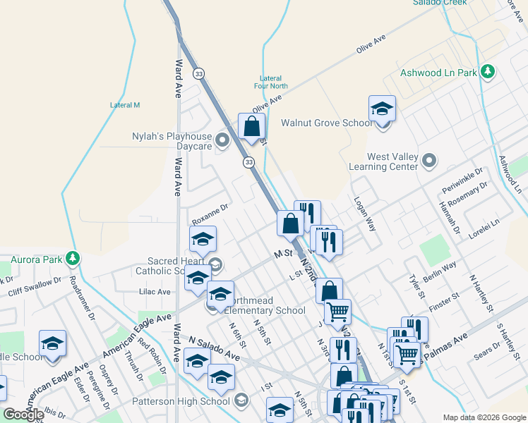 map of restaurants, bars, coffee shops, grocery stores, and more near 740 North 2nd Street in Patterson