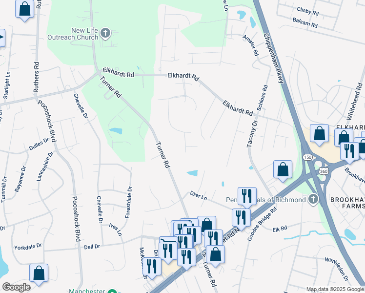 map of restaurants, bars, coffee shops, grocery stores, and more near 1918 Buggy Drive in Richmond