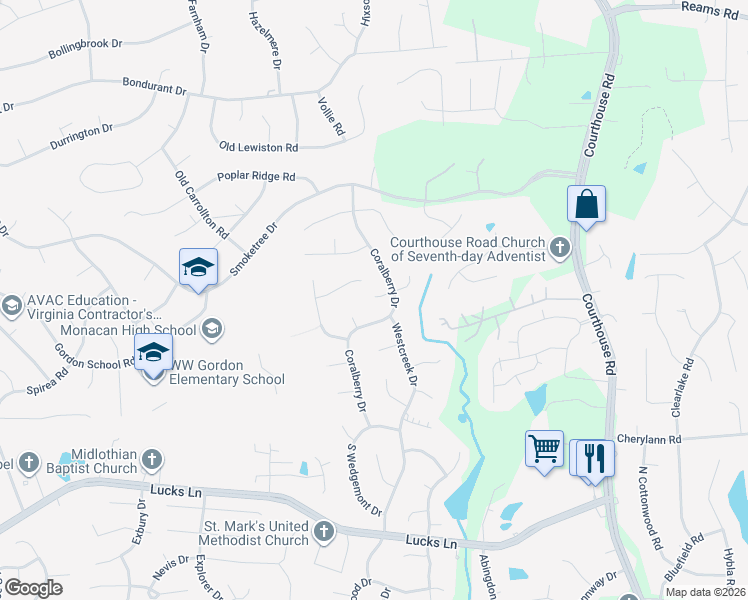 map of restaurants, bars, coffee shops, grocery stores, and more near 642 Coralberry Drive in Richmond