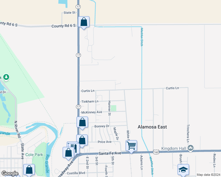 map of restaurants, bars, coffee shops, grocery stores, and more near 301 Curtis Lane in Alamosa