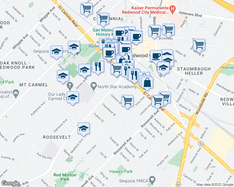 map of restaurants, bars, coffee shops, grocery stores, and more near 242 Jackson Avenue in Redwood City