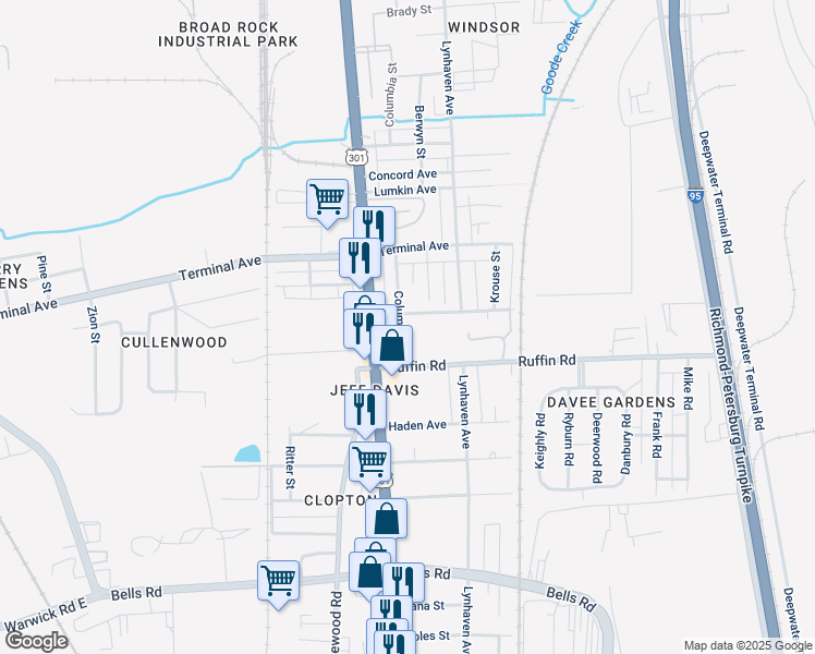 map of restaurants, bars, coffee shops, grocery stores, and more near 3104 Columbia Street in Richmond