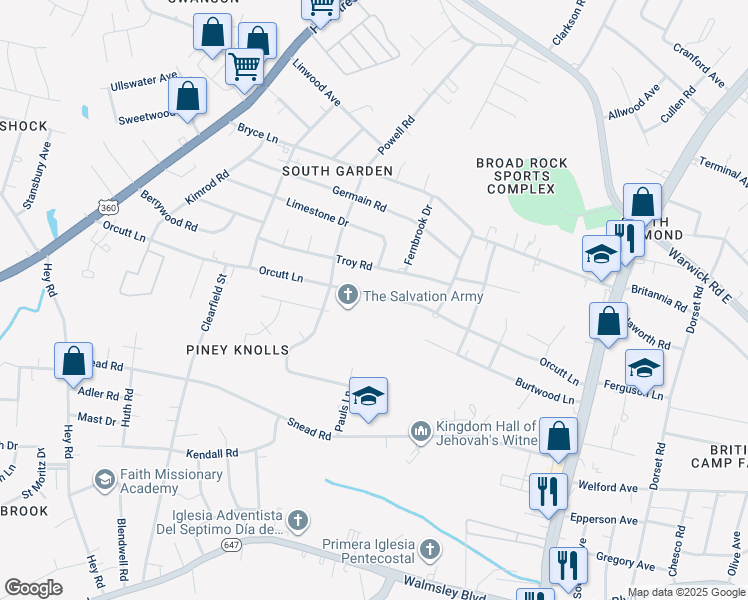 map of restaurants, bars, coffee shops, grocery stores, and more near 5301 Orcutt Lane in Richmond