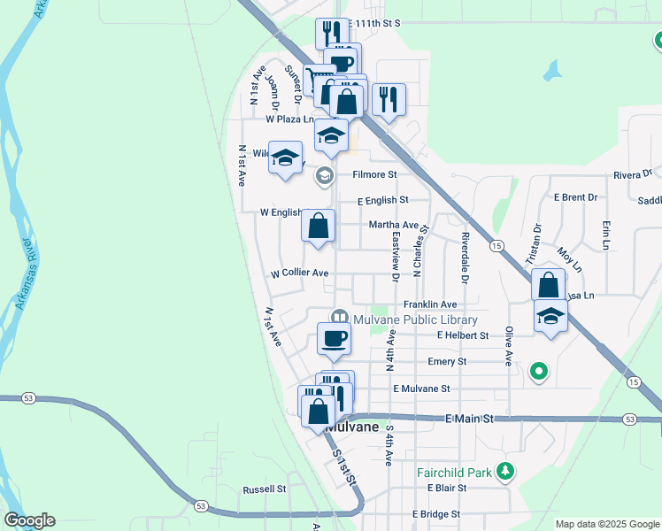 map of restaurants, bars, coffee shops, grocery stores, and more near 102 W Collier Ave in Mulvane