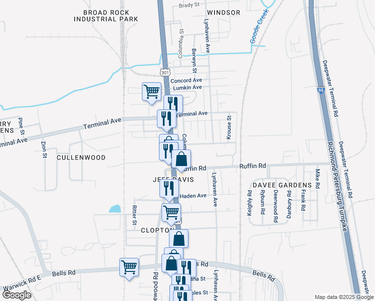 map of restaurants, bars, coffee shops, grocery stores, and more near 3104 Columbia Street in Richmond