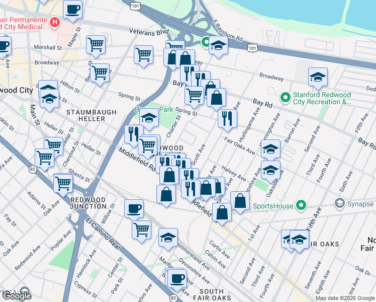 map of restaurants, bars, coffee shops, grocery stores, and more near 30 Meadow Lane in Redwood City