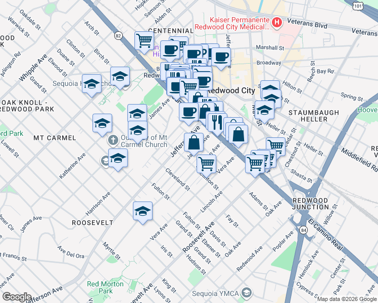 map of restaurants, bars, coffee shops, grocery stores, and more near 242 Jackson Avenue in Redwood City