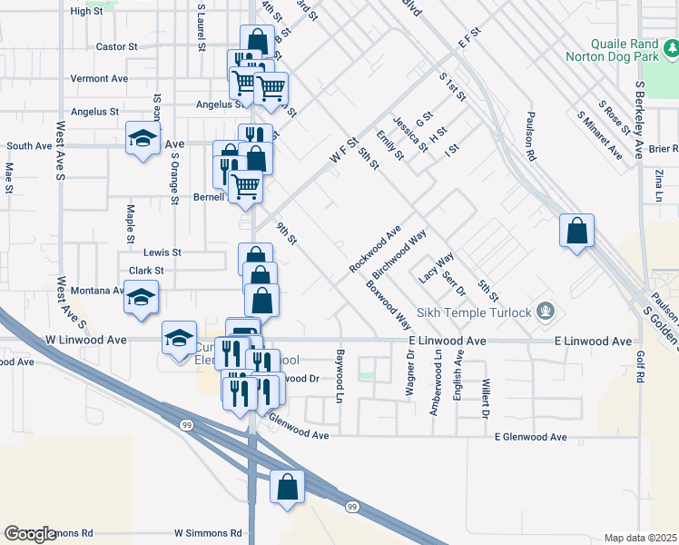 map of restaurants, bars, coffee shops, grocery stores, and more near 854 Rockwood Avenue in Turlock