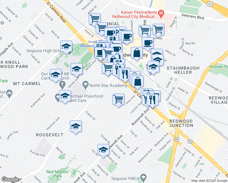 map of restaurants, bars, coffee shops, grocery stores, and more near 220 Madison Avenue in Redwood City