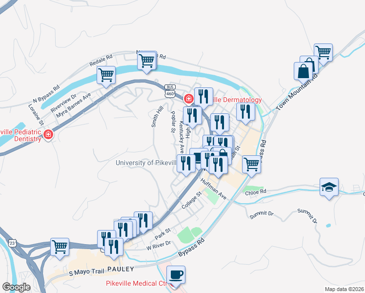 map of restaurants, bars, coffee shops, grocery stores, and more near Kentucky Avenue in Pikeville