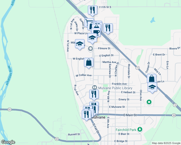 map of restaurants, bars, coffee shops, grocery stores, and more near 102 West Collier Avenue in Mulvane