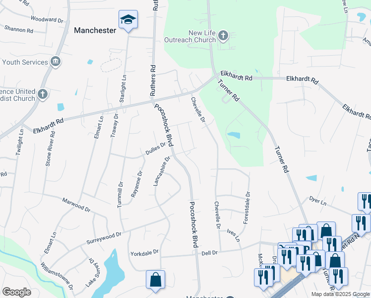 map of restaurants, bars, coffee shops, grocery stores, and more near 1465 Westhall Gardens Drive in Bon Air