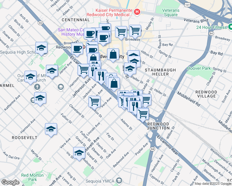 map of restaurants, bars, coffee shops, grocery stores, and more near 1550 El Camino Real in Redwood City