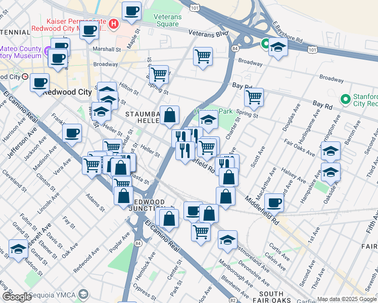 map of restaurants, bars, coffee shops, grocery stores, and more near 2127 Middlefield Road in Redwood City