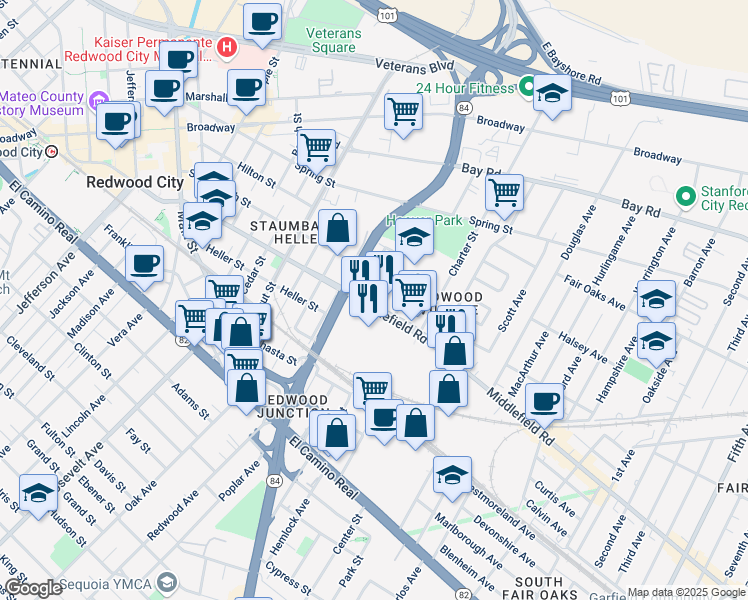 map of restaurants, bars, coffee shops, grocery stores, and more near 2127 Middlefield Road in Redwood City