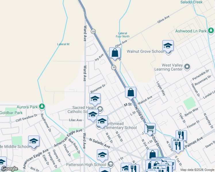 map of restaurants, bars, coffee shops, grocery stores, and more near 730 North 3rd Street in Patterson