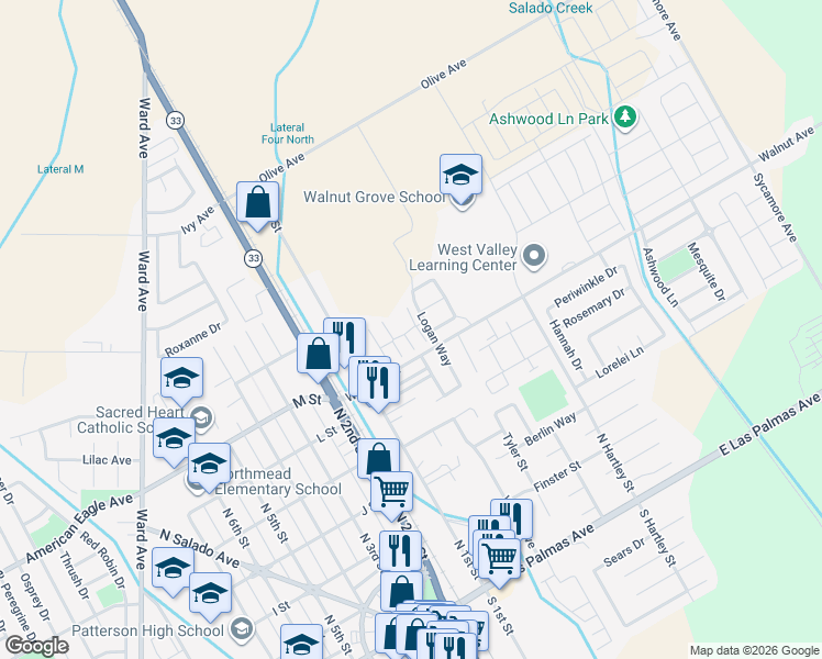 map of restaurants, bars, coffee shops, grocery stores, and more near 145 Noble Park Circle in Patterson