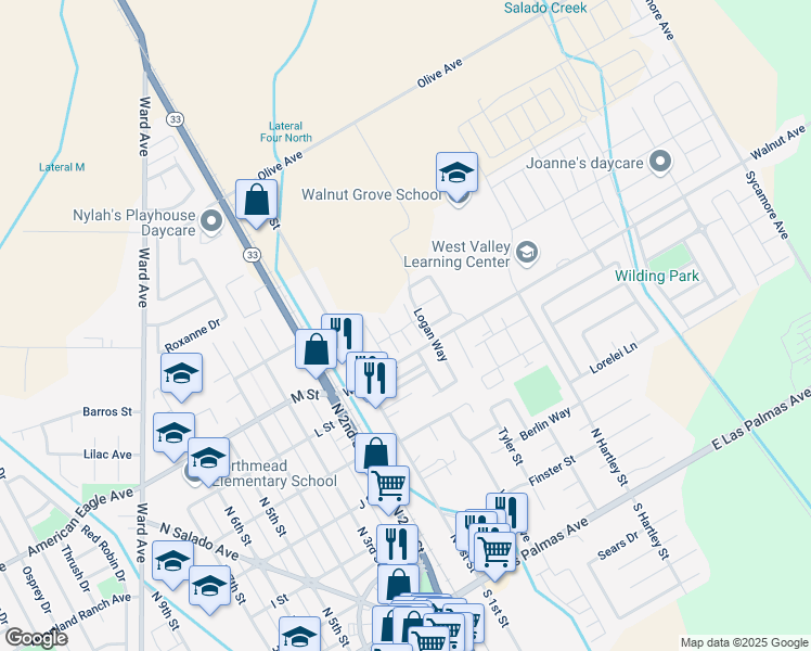 map of restaurants, bars, coffee shops, grocery stores, and more near 145 Noble Park Circle in Patterson