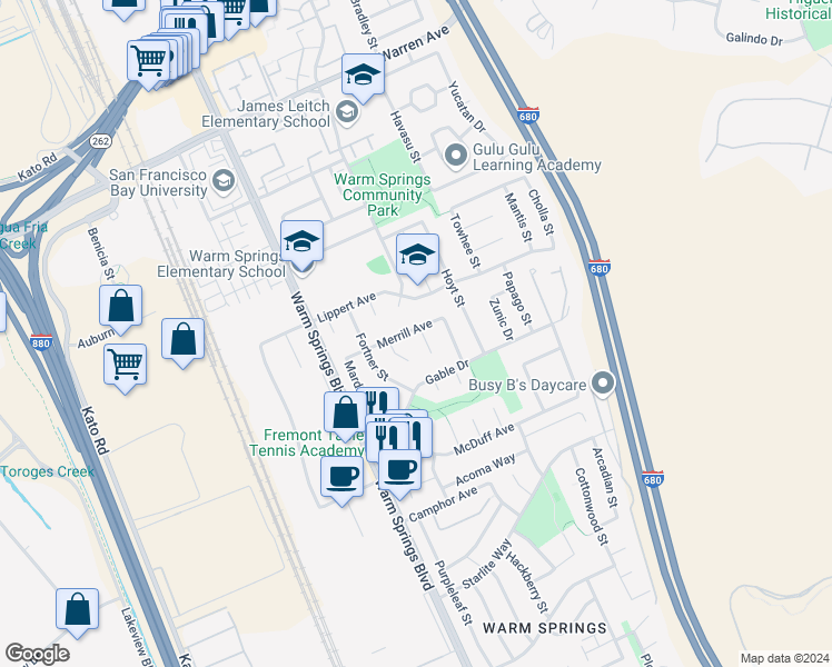 map of restaurants, bars, coffee shops, grocery stores, and more near 47607 Gridley Court in Fremont